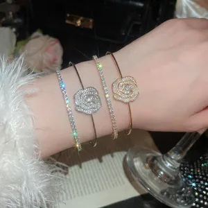 Elegant rose flower and double layer zircon open bracelet in gold and silver finish