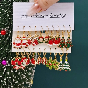 9-pair Christmas earring set with Santa and snowman patterns in gold-plated alloy