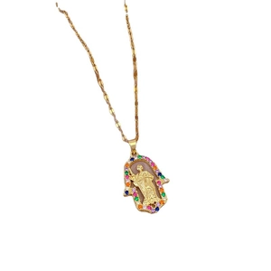 Titanium steel Hamsa necklace with portrait relief and colorful crystals on gold chain