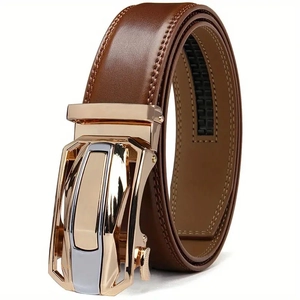Men Belt Genuine Cowhide Leather Automatic Buckle Rachet Waistband Business Casual Fashion Geometric Alloy Buckle Adjustable