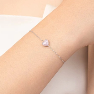S925 sterling silver chain bracelet with pink zircon heart pendant for women