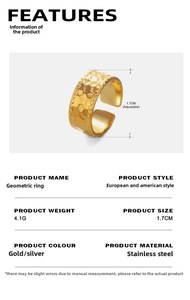 Close-up of golden stainless steel wide ring showing hammered texture and adjustable design