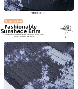 Detail of blue tie-dye sun hat fabric with 7cm wide brim and adjustable wind rope