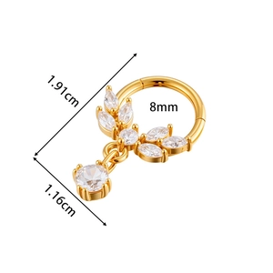 Gold leaf-shaped stainless steel nose ring with marquise cubic zirconia and size labels