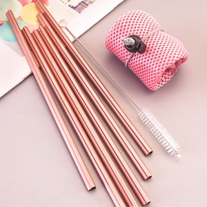 Rose gold 304 stainless steel heart straws set with cleaning brush and pink mesh pouch