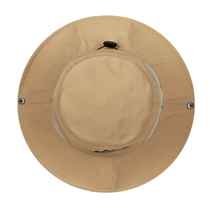 Khaki quick-dry outdoor bucket hat with wide brim, breathable mesh and mountain logo
