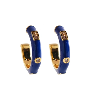 Blue enamel hoop earrings with gold base and sparkling zircon stones for women
