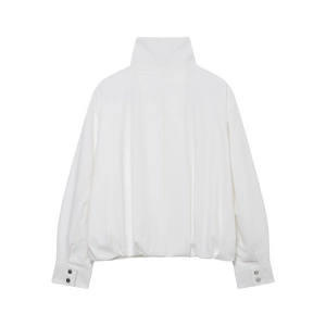 Minimalist white high-neck linen bomber jacket for women with detailed back pleat design