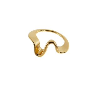 Minimalist gold plated brass ring featuring an irregular wavy geometric design on white