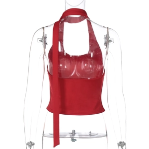 Detailed front view of a red halter neck cropped top on a transparent mannequin
