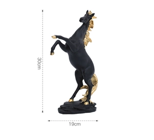 Detail view of horse sculpture showing 30cm height and gold accents on black matte finish