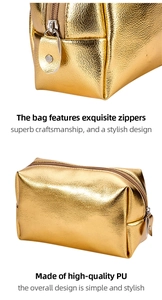 Detail of premium gold PU leather makeup bag with smooth zipper closure and texture