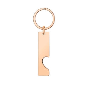 Detailed close-up of rose gold stainless steel bottle opener keychain with wavy design