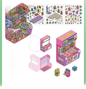 Macro view of game arcade themed DIY pixel art sticker set with 3D folding scene card
