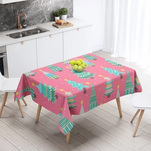 Detailed pattern of festive Christmas trees on a pink rectangular dining tablecloth