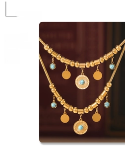 Close-up of double-layer gold necklace with turquoise stone and round sequin charms