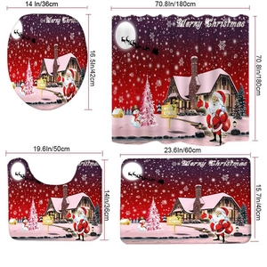 Detailed size specifications for a four-piece Christmas bathroom set with Santa motifs