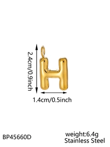 Detailed size and specs for golden bubble letter H pendant in polished stainless steel
