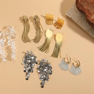 Chic gold tassel and silver sequin chain earrings set for elegant evening banquets