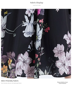 Macro detail of breathable floral fabric showing small purple flowers on black textile