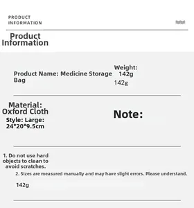 Size guide for large Oxford cloth medical storage bag measuring 24x20x9.5cm and weighing 142g