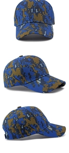 Three-angle view of a cotton baseball cap with blue and brown digital camouflage pattern