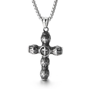 Gothic vintage stainless steel cross necklace with turquoise stone and crown portrait pendant