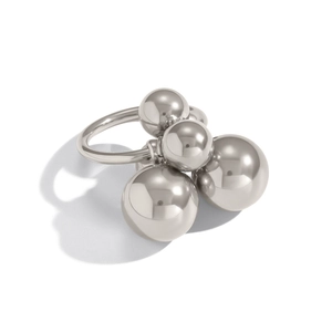 Macro shot of silver geometric polished spheres on a waterproof stainless steel ring band