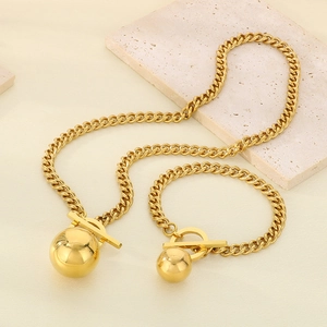Set Gioielli Collana E Bracciale A Catena Cubana In Acciaio Inossidabile Con Ciondolo A Sfera E Chiusura A Gancio Per Donna