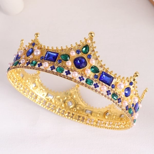 Baroque gold queen crown with blue green gemstones and pearls for bridal wedding