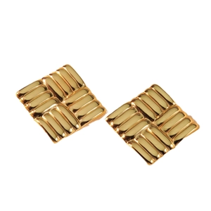 French vintage style gold square earrings with geometric relief texture on white background