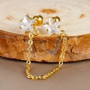 Golden stainless steel star chain ear studs with clear zircon on a natural wood base