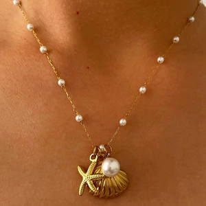 Ocean Starfish Shell Artificial Pearl Pendant Necklace 316L Stainless Steel 18K Gold Plated Beaded Chain Fashion Jewelry For Women