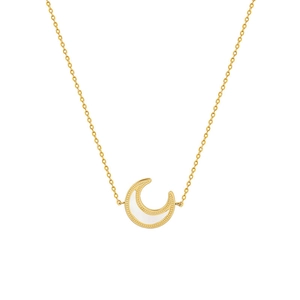 Minimalist 18K gold-plated moon necklace with white shell inlay and beaded edges