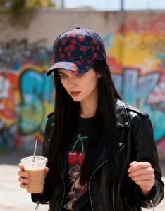 Detail of navy blue cotton baseball cap featuring red cherry jacquard pattern