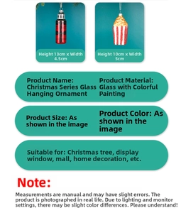 Detail view of painted glass Christmas ornaments with size measurements and dimensions