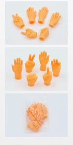 Macro detail of various orange finger puppet gestures in flexible soft plastic material