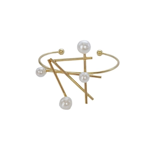 Elegant irregular geometric gold cuff bracelet with faux pearl accents for women