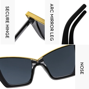 Detail of secure metal hinges and ergonomic curved temples of cat eye sunglasses