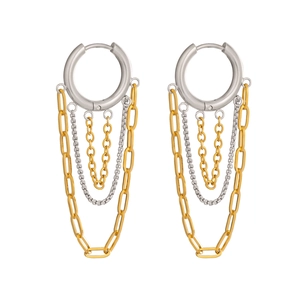 Macro detail of multi-layer chain tassel earrings in gold and silver mixed tones
