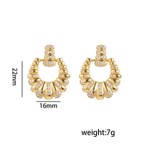 French style gold shell textured hoop earrings with rhinestones 22mm x 16mm