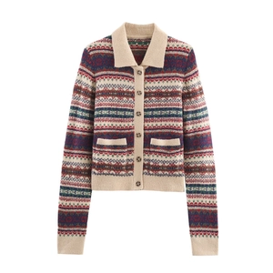 Damen Vintage Fair Isle Strickjacke Geometrisches Jacquard Langarm Button Sweater Mit Taschen Casual Warme Strickoberteil