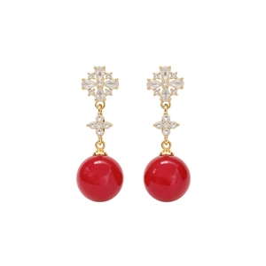 Elegant 18K gold plated earrings with red round beads and sparkling cubic zirconia stones