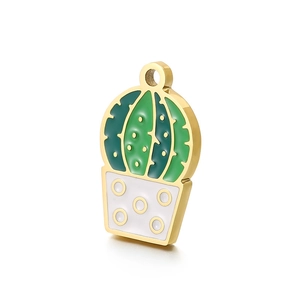 Golden stainless steel cactus charm with green enamel detail and white pot on white background