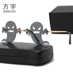 Ghost-shaped Halloween sunglasses with gold metal frame and black leather case