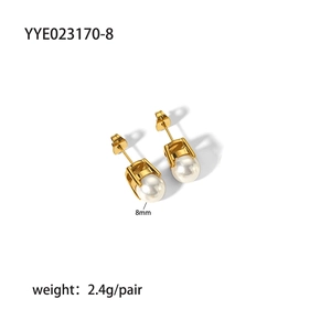 Detail view of 8mm white pearl studs on 18K gold stainless steel earrings with weight info