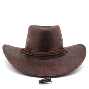 Close-up of brown western cowboy hat with distressed leather texture and braided rope