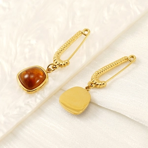 Vintage geometric amber stone earrings in gold-plated titanium steel with safety pin hooks