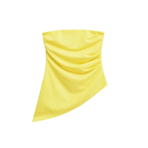 Detail of yellow tube top with side ruching and asymmetrical pointed hemline