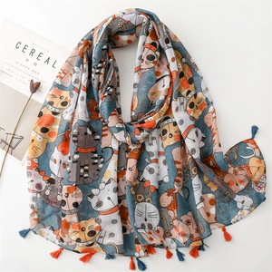 Écharpe À Imprimé Chat Mignon Pour Femmes Châle Long En Polyester Avec Glands Enveloppement Protection Solaire Doux Foulard Fleuri